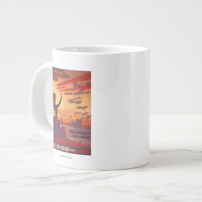 Caneca De Café Grande Excelente Semana da Aviação - Mulher acenando Post (Frente Esquerda)