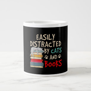 Caneca De Café Grande Fácil distração de gatos e livros   Gato engra