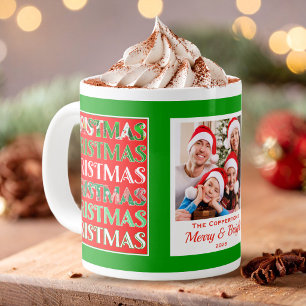 Caneca De Café Grande Familiar Foto de Natal Verde Retro da Família
