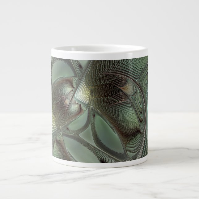 Caneca De Café Grande Fantasia de Arte Fractal da Cinza Olive Sage (Frente)