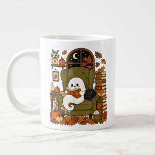 Caneca De Café Grande Fantasma Fofo Lendo Livro Gato Preto Outono Abóbor