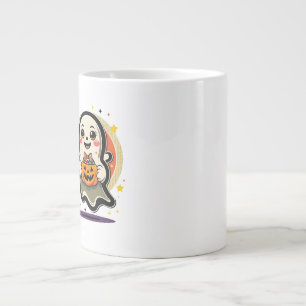 Caneca De Café Grande Fantasma Fofo Segurando Balde de Doces de Abóbora