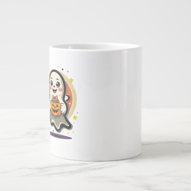 Caneca De Café Grande Fantasma Fofo Segurando Balde de Doces de Abóbora  (Frente)