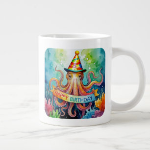 Caneca De Café Grande Feliz Aniversário Design Aquarela de Chapéu de Fes