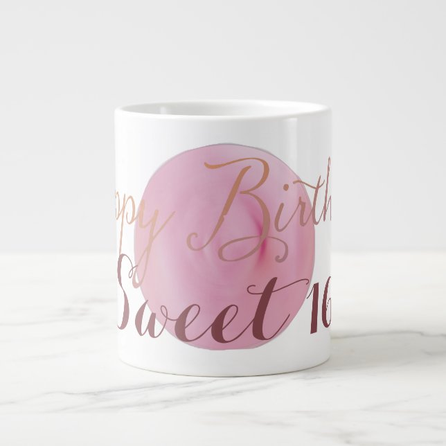 Caneca De Café Grande Feliz Aniversário, Doce Como Caça Rosa 16 (Frente)