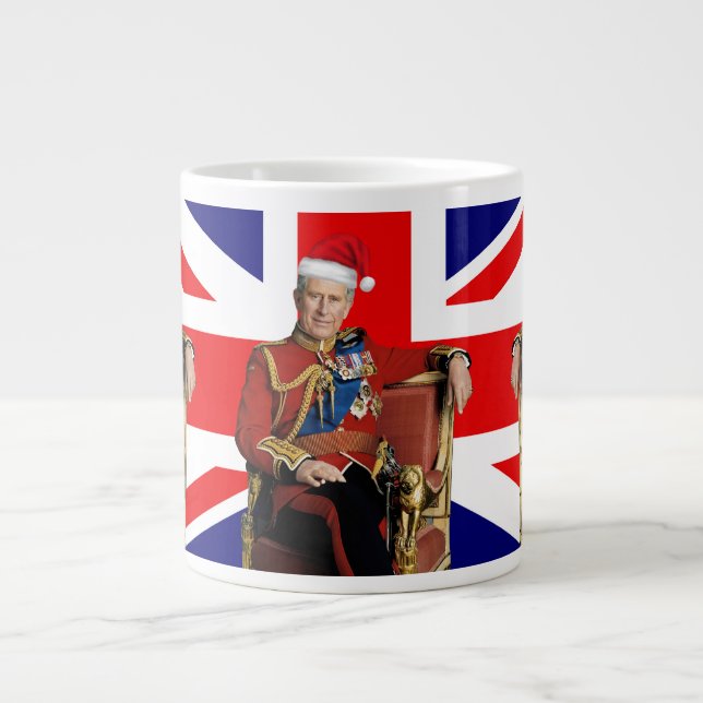 Caneca De Café Grande Feliz de Natal britânico Rei Charles III (Frente)