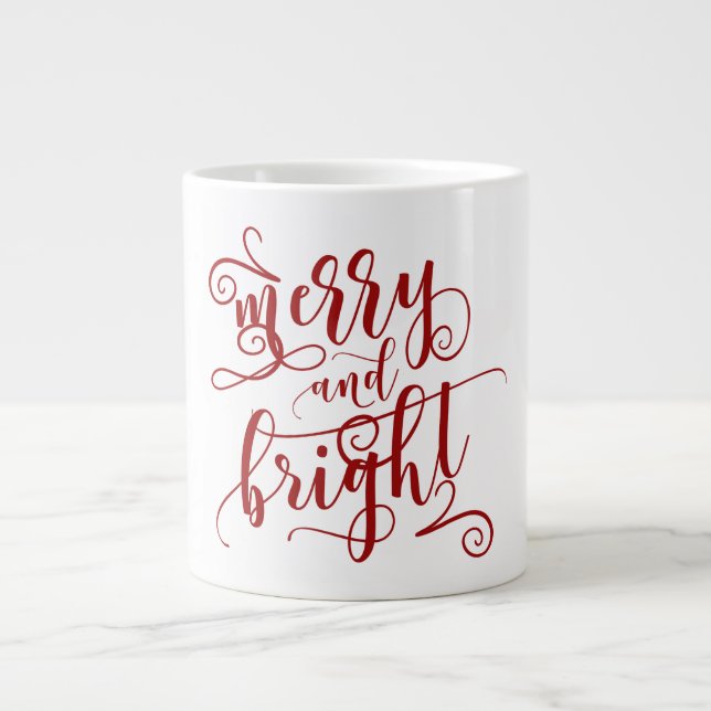 Caneca De Café Grande Feliz e Brilho | Texto vermelho | Natal (Frente)