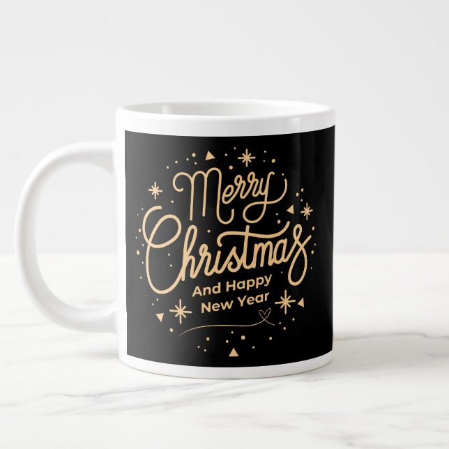 Caneca De Café Grande Feliz Feliz ano novo de Natal Moderno Preto e Dour (Esquerda)