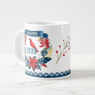 Caneca De Café Grande Feliz Natal e Ano Novo! Pássaro Vermelho