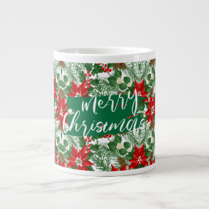 Caneca De Café Grande Feliz Natal, Padrão de Flora Vermelha e Verde,