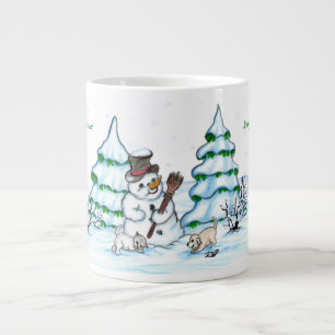 Caneca De Café Grande Feliz Natal! Snowman com Cat e Puppy