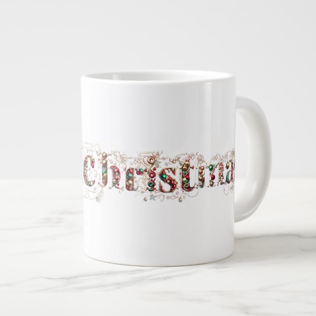 Caneca De Café Grande Feliz Natal Texto Decorativo Dourado e Bolas (Frente Esquerda)