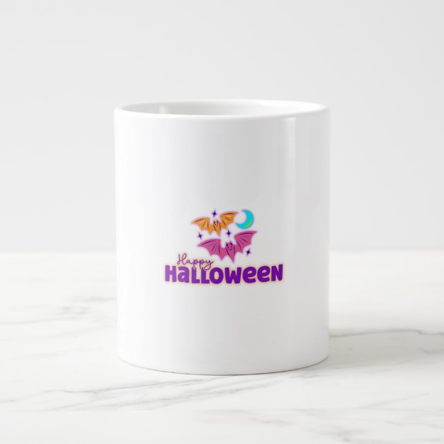 Caneca De Café Grande Feliz Noite de Halloween - Bats e Lua Bonitos (Frente)