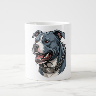 Caneca De Café Grande Feroz Pit Bull Cinza Azul com Colar de Cadeia com 
