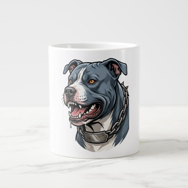 Caneca De Café Grande Feroz Pit Bull Cinza Azul com Colar de Cadeia com  (Frente)