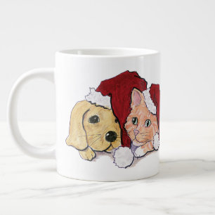 Caneca De Café Grande Filhote de Labrador de Natal Fofo e Gato Tabby Lar