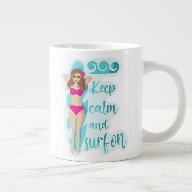 Caneca De Café Grande Fique calma e surf com a garota morena (Direita)