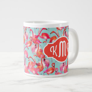 Caneca De Café Grande Flamingos de Aquarela Coletados Monograma