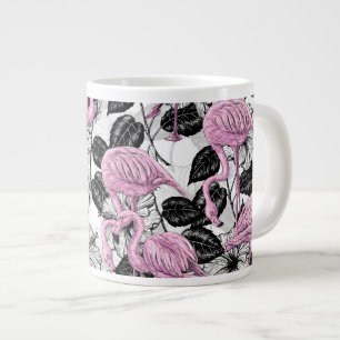 Caneca De Café Grande Flamingos e flores de hibisco