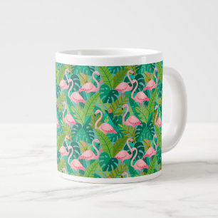 Caneca De Café Grande Flamingos Rosa Tropical Folhagem da Selva