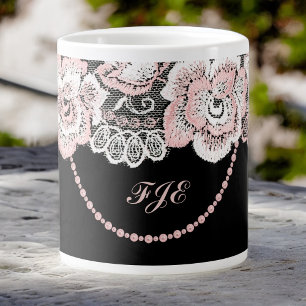 Caneca De Café Grande Flirta e Delicada Rosa Rosa Faux Lace e Pérolas