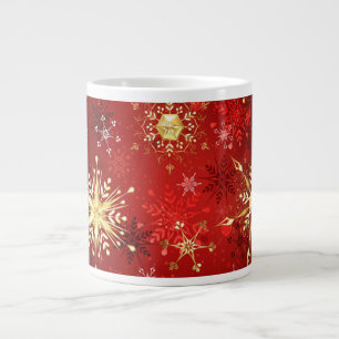 Caneca De Café Grande Flocos de neve do Ouro de Natal em Fundo Vermelho