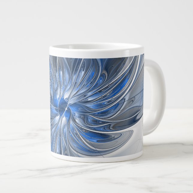 Caneca De Café Grande Flor de Arte Fracionada com Cinza Azul abstrato (Frente Esquerda)