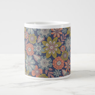 Caneca De Café Grande Flor Floresce & Desabrocha em Coral, Azul & Verde