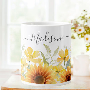 Caneca De Café Grande Flor Girassol Amarelo Monograma Floral Botânico