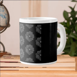 Caneca De Café Grande Flor Ilustrado no Padrão de Cinza Preta"