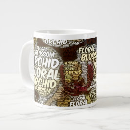 Caneca De Café Grande Flor Orquídea Sobre Nuvem de Palavras Turva