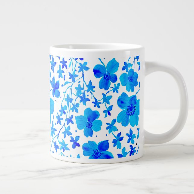Caneca De Café Grande Floral Botânico em Azul Profundo e Branco (Direita)
