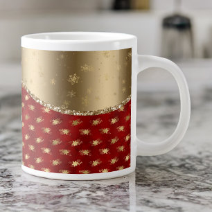 Caneca De Café Grande Floral de Natal Vermelho Profundo com Faixa Dourad