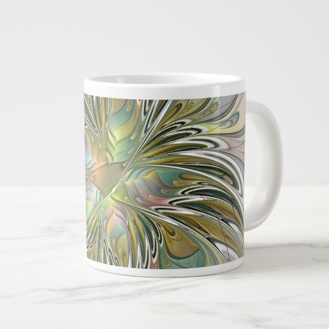 Caneca De Café Grande Floral Fantasy Moderna Arte Fractal Flor Com Doura (Frente Esquerda)