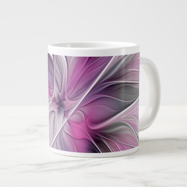 Caneca De Café Grande Floral Fractal Moderno Abstrato Flor Rosa Cinza (Frente Esquerda)