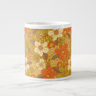 Caneca De Café Grande Floral Verde Laranja e Verde Oleícola, Retro 60/70