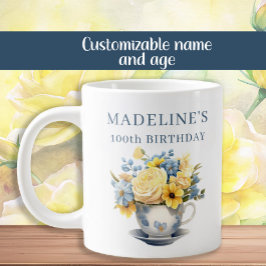 Caneca De Café Grande Flores Amarelas Dusty Blue Teacup