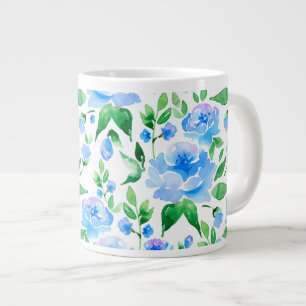 Caneca De Café Grande Flores azuis de cor aquosa