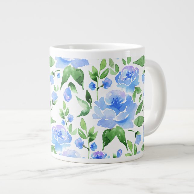 Caneca De Café Grande Flores azuis de cor aquosa (Frente Esquerda)