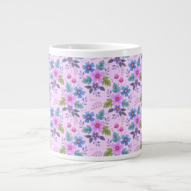 Caneca De Café Grande Flores Azuis-Rosa-Flor Violeta Padrão-36841 (Frente)