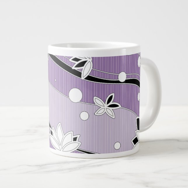 Caneca De Café Grande Flores brancas de lótus em tiras roxas (Frente Esquerda)