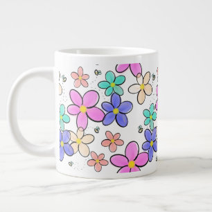 Caneca De Café Grande flores coloridas arco-íris brilhantes abelhões flo