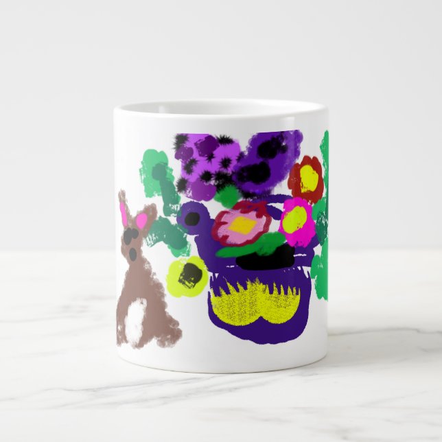 Caneca De Café Grande Flores da primavera Alegria do coelho (Frente)