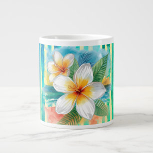 Caneca De Café Grande Flores de Frangipani, padrão de linha amarelo-turq