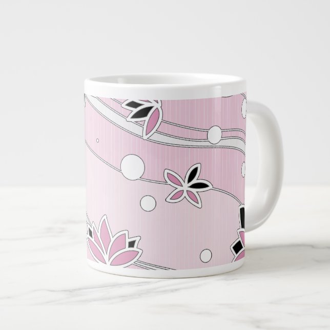 Caneca De Café Grande Flores de Lotus Rosa em Listras Rosa (Frente Esquerda)