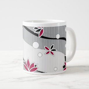 Caneca De Café Grande Flores de lótus vermelhos em tiras de Cinza