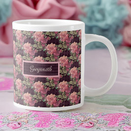Caneca De Café Grande Flores de Pêssego e Borboleta no Harlequin Roxo