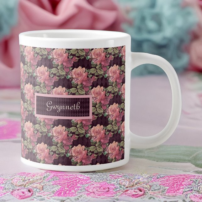 Caneca De Café Grande Flores de Pêssego e Borboleta no Harlequin Roxo (Criador carregado)
