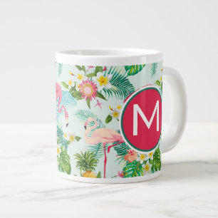 Caneca De Café Grande Flores E Aves Tropicais Adicione Seu Inicial