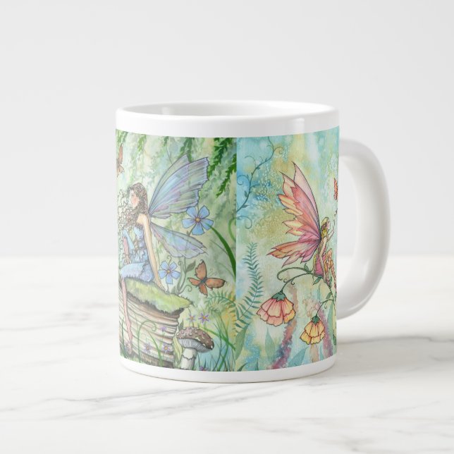 Caneca De Café Grande Flores Fairies Fantasy Art Jumbo Mug (Frente Esquerda)